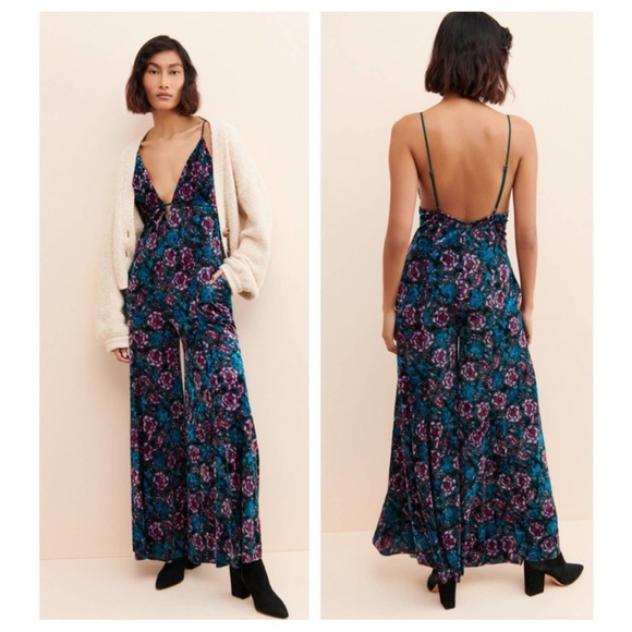 Free People Volcano Super Wide Leg Velvet Floral Jumpsuit Green Pink Size Large - Picture 2 of 15